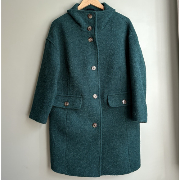 TALBOTS Boucle Wool Blend Overcoat Forest Green Winter Retro Outerwear S - Picture 2 of 14